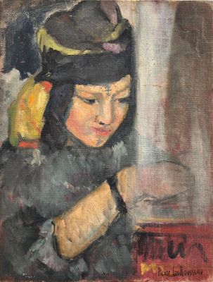 une peinture à l'huile représentant une jeune fille coiffée d'un chapeau