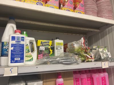 de nombreuses bouteilles de produits d'entretien sur les rayons du magasin
