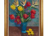 an oil painting of a vase of flowers on a table