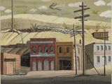 painting of a town scene with buildings, telephone poles, and a flying object in the sky