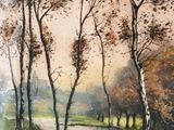 painting of a landscape with trees and a river in the foreground
