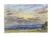 watercolor painting of a sunset over a field with mountains in the distance