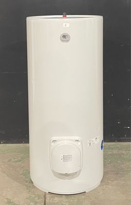 a white water heater sitting on the floor in front of a black wall