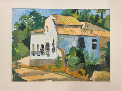 tableau représentant une maison blanche au toit jaune dans un cadre champêtre