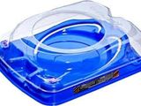 a blue plastic ashtray with a clear lid on a white background
