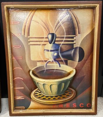 tableau représentant une tasse à café et une soucoupe sur lesquelles figure un homme