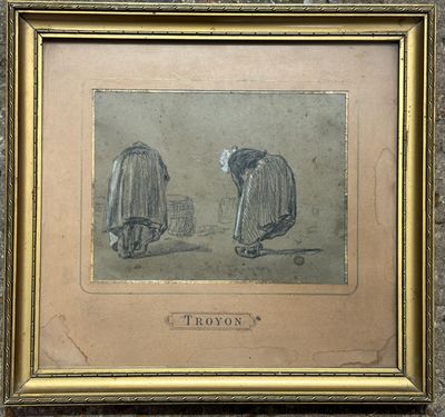 painting of two men in cloaks, one holding a cane and the other carrying a basket