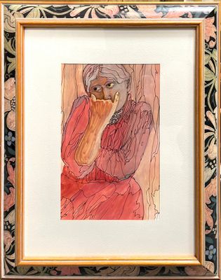 painting of a woman in a red dress eating a hot dog