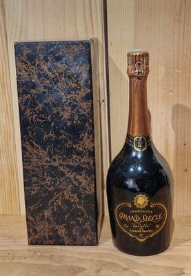 a bottle of champagne sitting next to a box on a table