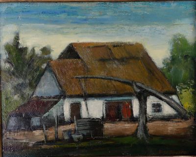 an oil painting of a house with a thatched roof and a swing