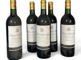 six bottles of wine are lined up on a white surface