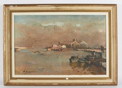 une peinture représentant une scène portuaire avec des bateaux sur l'eau