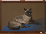 a painting of a siamese cat sitting on a blue blanket