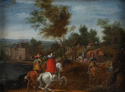 painting of a group of people riding horses on a dirt road