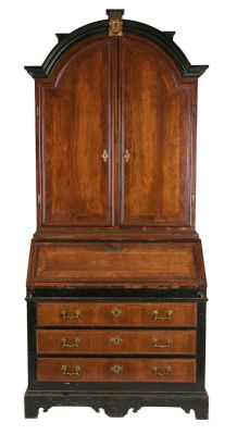 une image représentant un bureau en bois muni de tiroirs et d'une armoire