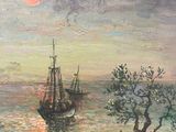 an oil painting of a woman sitting on a bench in front of a body of water with a ship in the distance