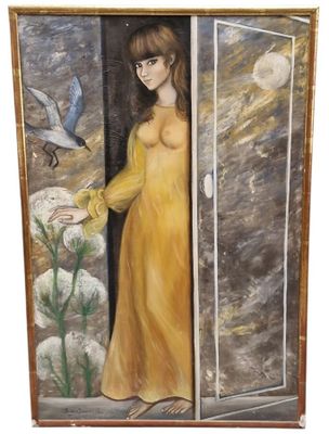 painting of a woman in a yellow dress opening a door with a bird in the background