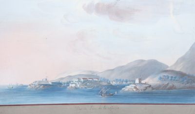 tableau représentant une vue d'une ville au bord de l'eau, avec des montagnes en arrière-plan