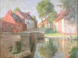 une peinture à l'huile représentant une rivière traversant une ville avec un pont