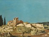 peinture représentant un paysage avec une maison et une calèche