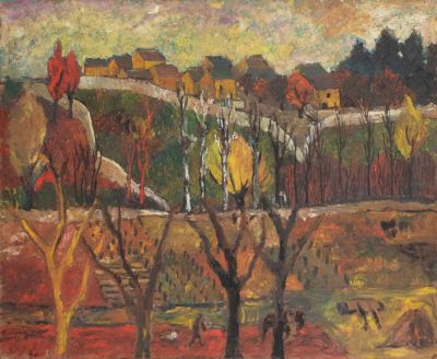 une image d'un tableau représentant un paysage avec des arbres au premier plan