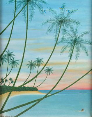 a painting of a beach scene with palm trees