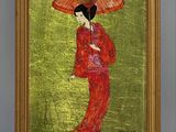painting of a woman in a red kimono holding an umbrella