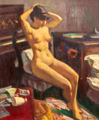 an oil painting of a nude woman sitting on a bed in front of a dresser