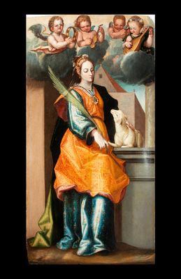 an image of a painting of a woman in an orange dress with angels above her