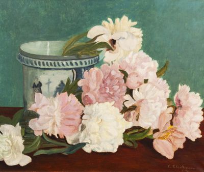 a painting of pink and white flowers on a table