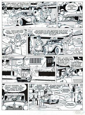 une bande dessinée en noir et blanc représentant un homme au volant d'une voiture