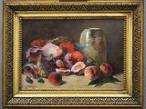 une photo d'un tableau représentant des fleurs et des fruits posés sur une table