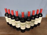 six bottles of wine lined up in a row on a wooden table
