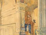 une peinture représentant une statue à l'intérieur d'un bâtiment