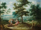 tableau représentant un homme et une femme dans un paysage boisé