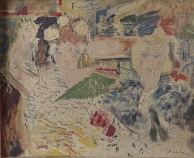 un tableau représentant une femme assise sur un canapé