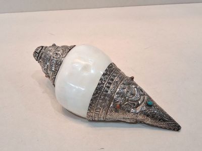 a silver and white shell on a white surface