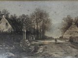 painting of a village scene with a man riding a horse on a dirt road