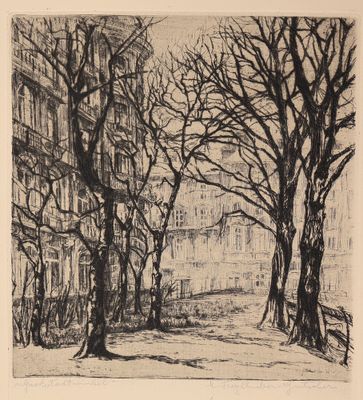 dessin représentant une rue de la ville avec des arbres et un banc au premier plan