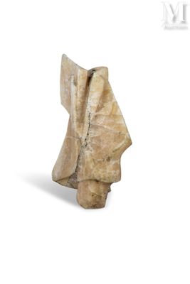 sculpture représentant la tête d'un homme, en pierre, sur fond blanc