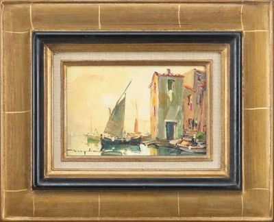 a painting of a sailboat on the water in a frame