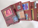 a bunch of books with pictures on them on a table