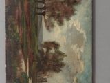 an oil painting of a landscape with trees and a body of water