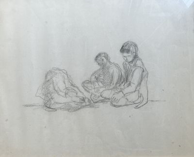dessin au crayon représentant trois personnes assises par terre, dont une assise par terre et une autre assise par terre