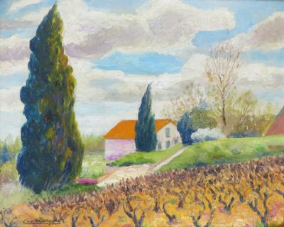 une peinture à l'huile représentant un vignoble avec une maison et des arbres en arrière-plan