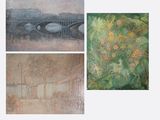 four paintings of a bridge over a body of water with a bridge in the background