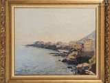 an image of a painting of a view of a town by the water