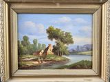 an image of a painting of a farm scene with a river in the foreground