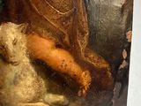 a picture of a painting of a woman with a goat