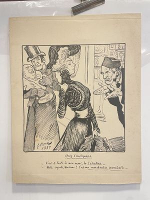 an old drawing of a man and a woman talking to each other
